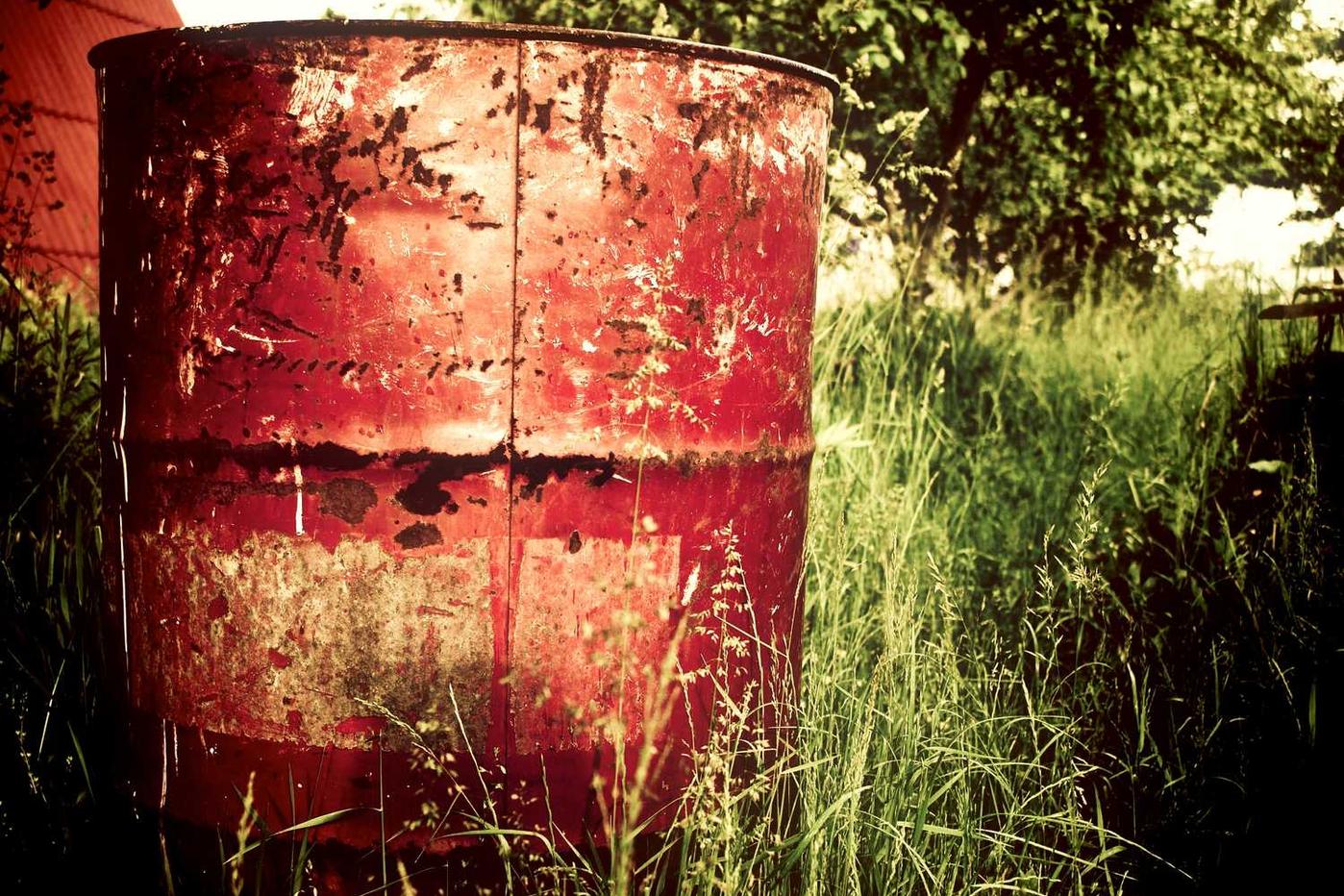 A weathered red metal barrel stands in tall grass, with trees and sunlight in the background.