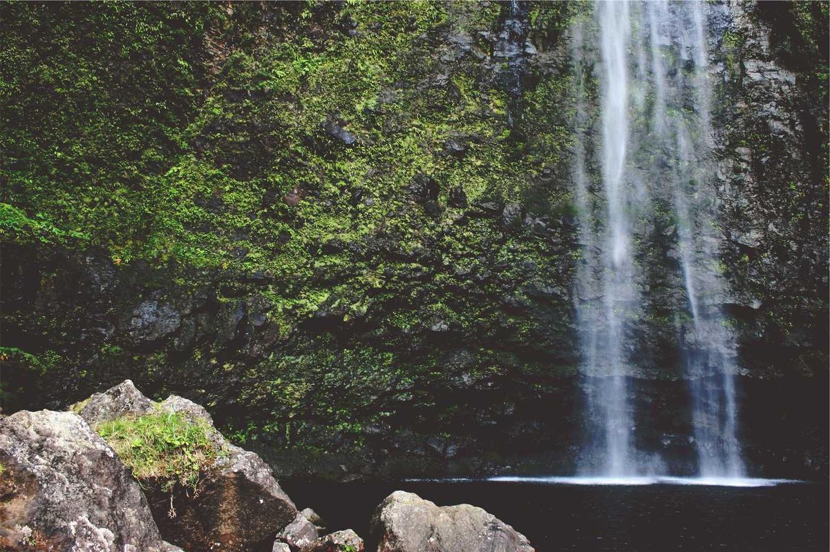 A tall waterfall cascades down a moss-covered rock wall into a small pool surrounded by stones.