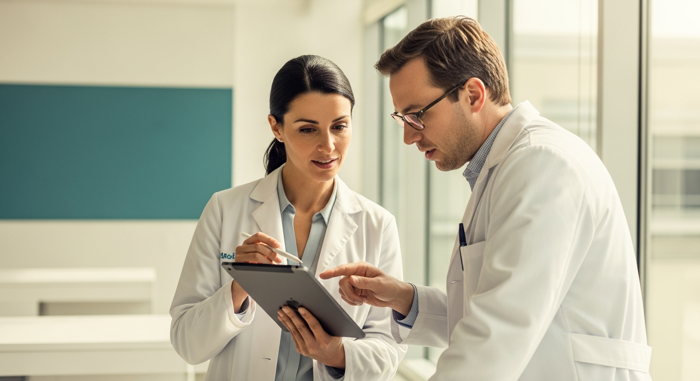 Two people in white lab coats stand near a window discussing information on a tablet, with one pointing at the screen.